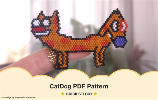 Catdog Beaded Brooch Pattern | Brick Stitch Jewelry (PDF   Video Tutorial (ENG Subtitles)) - Etsy