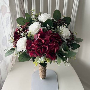 Boho Bridal Bouquet, Realistic White Rose, Burgundy Wine Hydrangea & Greenery Wedding Bouquet, Eucalyptus Deep Dark Red Bridesmaid Flowers - Etsy