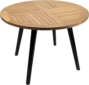 Genuine Solid Teak Round Teak 42 Inch Diameter Outdoor Dining Lounge Patio Table with Ebonized Wood Legs, 29.5 Inch Height