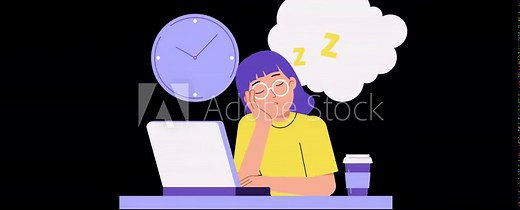 Sleeping woman animation, ALPHA channel. Tired employee or student sleeps at desk. Burnout, Exhaustion, overworking concept. Falling asleep at work or study. Cartoon footage, transparent background