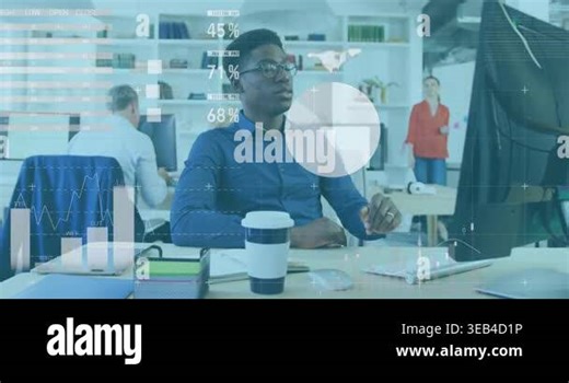 Animation of data processing against thoughtful african american woman using computer at office. Computer interface and business data technology concept