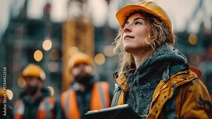 Young female construction worker looking up thoughtfully at a construction site with her colleagues, showcasing determination and teamwork in industry.