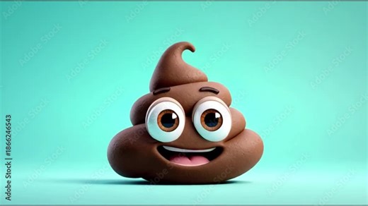 Cute cartoon poop emoji with big eyes on turquoise background