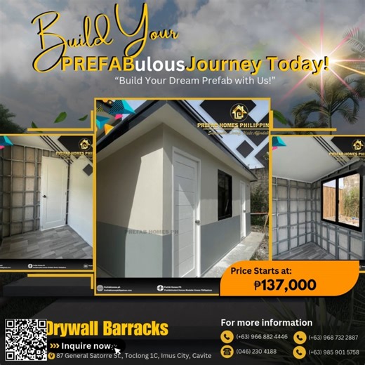 🏗️ Smart, Durable, and Affordable — Prefab Drywall Barracks Starting at Only ₱137,000! Looking for a cost-efficient solution to house your workers, staff, or crews? Our Prefab Drywall Barracks are designed to provide comfort, functionality, and durability at an affordable price. Built with high-quality materials, these barracks are perfect for construction sites, business facilities, or temporary housing needs. For just ₱137,000, you get a quick-to-build and long-lasting prefab structure that s