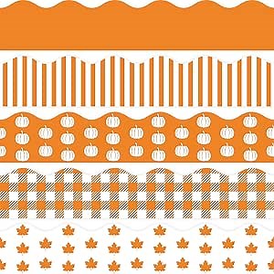 Whaline 69Ft Fall Bulletin Board Border Orange Autumn Thanksgiving Borders 60Pcs Pumpkin Maple Leaves Plaids Stripes Blackboard Border Sticker Border Trim for Harvest Classroom Chalkboard Decoration