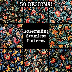 Rosemaling Seamless Pattern: Floral Digital Paper (PNG, 300 Dpi) - Etsy