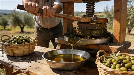 Farmer extracting olive oil with traditional press outdoors beside baskets of olives, showing agriculture production, artisanal food processing, rural industry, and natural ingredient preparation.