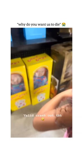 the laugh spot on Instagram: "This video captures a funny and dramatic reaction from a young girl while shopping for Halloween decorations. Here is a breakdown of the video: The Scenario The Setting: A family is in a store, likely a Halloween or spirit shop, looking at scary life-sized dolls and decorations. The "Gift": The adult (likely the father) points to a "Chucky" doll from the Child's Play movies and says they are going to buy it. The Girl's Reaction Fear and Protest: The young girl is cl