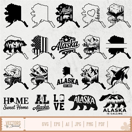 Alaska SVG Bundle, Alaska Outline SVG, Alaska Bear SVG, Alaska Silhouette, Alaska State Svg, Alaska Mountain, Alaska Map Moose, Whale Tail - Etsy