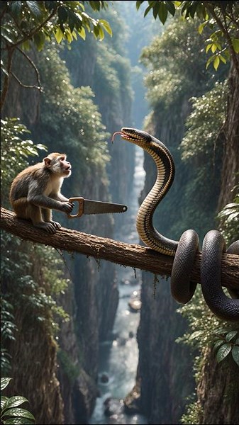 The method the monkey chose when the king cobra approached/코브라가 다가오자 원숭이가 선택한 방법 #ai #aiart #animals