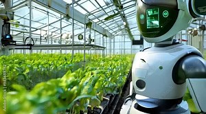 A robot analyzing the health of plants using built-in sensors and AI technology in an advanced greenhouse
