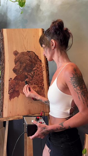 Part 2, Another look at ‘Beary Season’ All of the plants and animals featured on this piece are animals I’ve seen while out exploring here in the Kootenays. Except the grizzly, thank goodness, but I do enjoy seeing bears from a safe location. This entire piece has been burned on to the wood hy hand using my Razertip. #woodburning #pyrography #artist