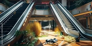 Empty shopping mall with broken escalators and empty storefronts, 4K , Video