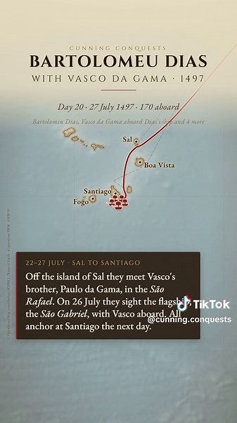 Bartolomeu Dias · Lisbon – Rio do Ouro – Sal – Santiago – São Jorge da Mina · 8 July 1497 – about September 1497 In 1497, Bartolomeu Dias sailed from Lisbon in company with Vasco da Gama's 4 ships bound for India. Dias had rounded the southern tip of Africa in 1488. King Manuel I put him in charge of finishing Gama's ships, the São Gabriel and the São Rafael, so they could stand the seas off the Cape. The king also gave Dias the command of one of the ships that sailed regularly to São Jorge da M