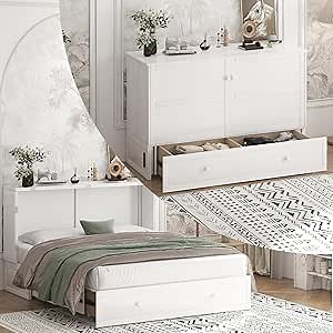 PUREMIND Queen Murphy Bed with Storage Drawers, Murphy Cabinet Bed with Mattress Included, Hideaway Chest Beds with Built-in Charging Station, Space-Saving Murphys Cabinet for Bedroom