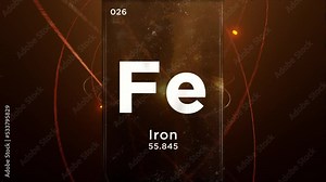 Iron (Fe) symbol chemical element of the periodic table, 3D animation on atom design background