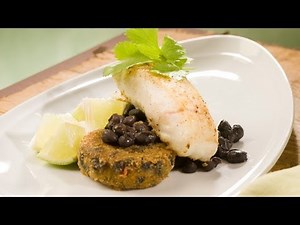 Roasted Halibut with Spicy Black Bean Cakes