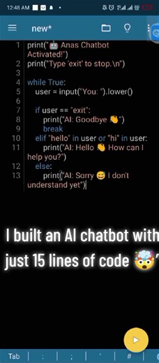 Can you build an AI chatbot with simple Python? 🤖 This is Episode 1 🔥 Comment “EP2” if you want more! 👇#AnasTechLab #PythonBeginner #LearnPython #CodingJourney #TeenProgrammer