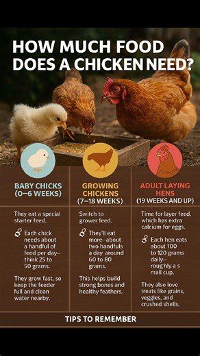 🐣 Baby chicks (0–6 weeks) They eat a special starter feed. Each chick needs about a handful of feed per day—think 25 to 50 grams. They grow fast, so keep the feeder full and clean water nearby. 🐥 Growing chickens (7–18 weeks) Switch to grower feed. They’ll eat more—about two handfuls a day, around 60 to 80 grams. This helps build strong bones and healthy feathers. 🐔 Adult laying hens (19 weeks and up) Time for layer feed, which has extra calcium for eggs. Each hen eats about 100 to 120 grams 