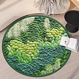 Soft Green Moss Rug for Playroom Bedroom Cool Bath Mat 3D Moss Round Carpets Kids Room Decor Non Slip Circle Rugs, 3'