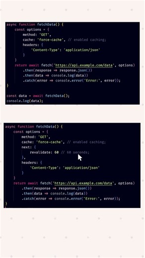 Code with Ayaan | JavaScript Mentor | React & Frontend Coach on Instagram: "A few days back, I was optimizing my Next.js 15 project and noticed something interesting — the way fetch, cache, and revalidate work has completely leveled up! Earlier, handling data freshness was tricky — either you cached too much or fetched too often. But now, Next.js 15 makes it effortless. I tried using `cache: ‘force-cache’` for my static pages — boom, instant loads! Then, I switched to `cache: ‘no-store’` for API