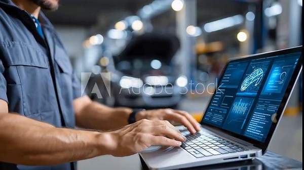 Hands of a male mechanic using a laptop to diagnose and repair a car engine, operating a computer system, checking car maintenance details, diagnosing it in an auto repair shop.
