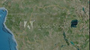 Bas-Uele, province with its capital, zoomed and extruded on the satellite map of Congo Kinshasa in the conformal Stereographic projection. Animation 3D