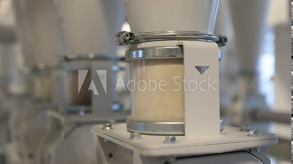 Modern flour mill. Manufacture of flour and cereals. Close up of wheat milling moving through the pipes. Production of wheat flour. Wheat flour milling equipment at the plant. Grain equipment.