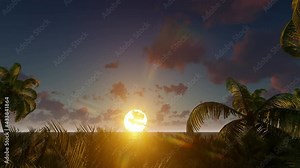 3D, helicopters flying above the small island and ocean in sunset time