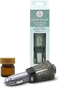 Belle Aroma ScentWow Aromatherapy - Peppermint Oil Car Diffuser for Essential Oils – Portable 12V Plug-In Mini Diffuser – Compact Travel Humidifier for Cars, Trucks & Small Spaces – Gray & Silver