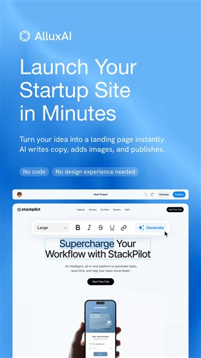 Launch your startup website in minutes with Allux AI. No coding. No design skills. Just describe your idea — and get a stunning website instantly. | Allux AI