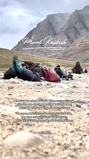 Moment during the Mount Kailash Kora (circumambulation) pilgrimage in Tibet. Pilgrims perform full body prostrations as part of their devotion in the high-altitude, rugged terrain. These are some people who are making a pilgrimage around Mount Kailash at an altitude of more than 5,000 meters. Oxygen deficiency doesn't shake faith, nor can snowstorms block piety. This bow is to heaven, to all living beings. 📹 : Tibetan Culture #mountains #climbing #hiking #outdoors #outdooractivity #tibet #cultu