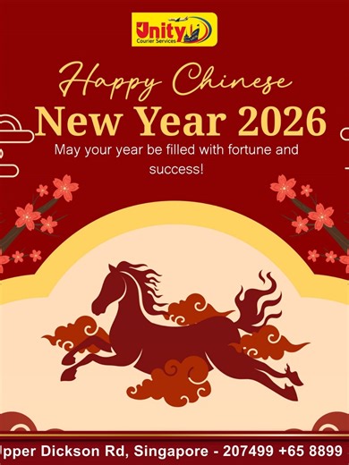 Celebrate the joy of new beginnings with Unity Courier Services this Chinese New Year 2026! 🧧✨ May the year ahead bring prosperity, success, happiness, and smooth journeys in every step you take. 🐎🌸 Thank you for your continued trust and support. We look forward to delivering excellence for you in the year ahead. 🎊 Happy Chinese New Year 2026! 📍 42 Upper Dickson Rd, Singapore 207499 📞 65 8899 3396 #UnityCargoService#UnityCourier#ChineseNewYear2026#HappyChineseNewYear2026#ChineseNewYear#CNY