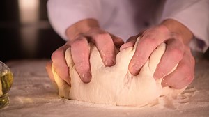 Kitchen Master Chef Making Italian Pasta Dough. Closeup Video.