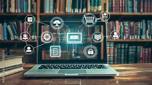 Online learning concept with an open laptop displaying floating educational icons and books, surrounded by a library of bookshelves