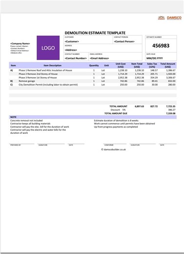 Demolition Estimate Template | Editable Demo Quote Form | Contractor Estimate | Instant Digital Download - Etsy