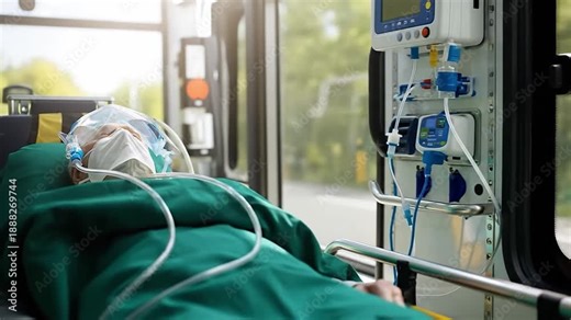 Sick injured man in oxygen mask inside ambulance car. Quick health care service, first aid and patient reanimation. Generative AI