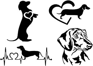 Dachshund Decals 4 Pack: Dachshund Begging, Weiner Dog Heartbeat, Dachshund Heart, Dachshund Face Decals (Small ~3.5", Black)