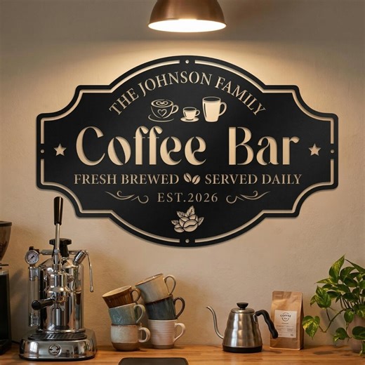 Personalized Coffee Bar Metal Sign, Custom Family Name Kitchen Sign, Coffee Station Decor, Coffee Lover Gift, Cafe Shop Sign, Cafe Bar Sign - Etsy