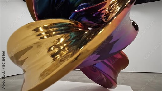 Metallic Ribbon Art Sculpture - A close-up shot captures the reflective surfaces of a modern art sculpture, where vibrant metallic ribbons twist and curve dynamically.