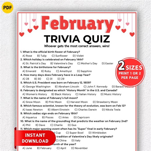 February Trivia Game, Valentines Day Trivia Quiz, Winter Season Games, Party Game, Monthly Winter Family Games, Holiday Activity Kids Adults - Etsy