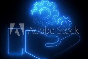 Neon Settings and Support Icon Vector, Glowing Orange Hand with Gears for Technical Assistance and Configuration Design