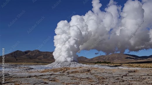 Majestic geyser erupts in geothermal landscape. Steam rises against clear blue sky, showcasing natural wonders and beauty of earth. Scenic views inspire awe and adventure.