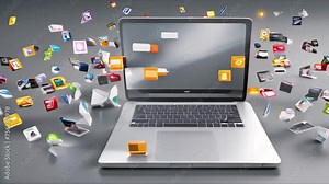 Abstract program icons fly around the laptop and appear on screen on gray background.