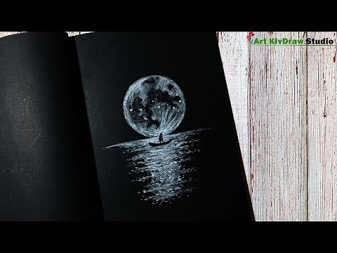 Drawing Moonlight with White pencil on black paper Step by step
