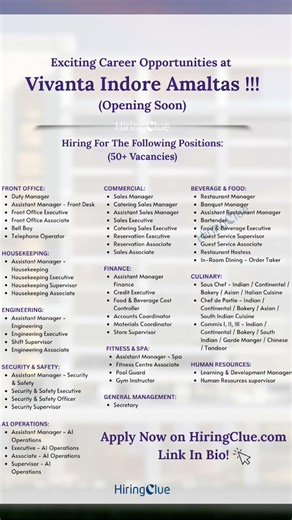 Pre-Opening Jobs at Vivanta Indore Amaltas | All Departments (50+ Vacancies) - HiringClue #hiring
