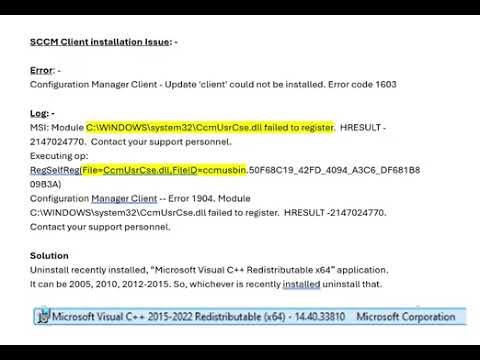 SCCM Client Installation Issue - MSI: Module CcmUsrCse.dll failed to register.