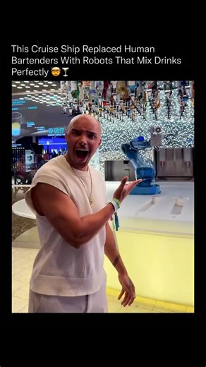 Tech today on Instagram: "This looks straight out of a sci-fi movie, but it's 100% real — the Bionic Bar on Royal Caribbean's Wonder of the Seas! 🤖🍸 Those sleek robotic arms (powered by Makr Shakr tech) are repurposed industrial-grade precision robots that mix, shake, pour, and serve cocktails with insane accuracy. Every drink follows exact programmed recipes, down to the millisecond pour speed — no human error, no fatigue, no spills (well... mostly 😏). Hundreds of bottles hang overhead like