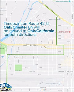 20 reactions · 12 shares | ⚠️‼️ Service changes effective July 1st Hey GET riders! There will be a timepoint change for Route 42: the Timepoint at Oak and Chester Ln. will be moved to Oak and California for both directions. Again this change will be effective on July 1st | Golden Empire Transit (GET Bus) | Facebook