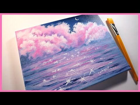 Pink Clouds / Moonlight Sparkle on Water / Easy Acrylic Painting for Beginners /